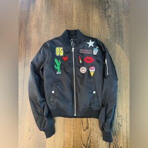 Design Lab Bomber Jacket Black Satin Patches Lips Lipstick Smiley Face Cactus